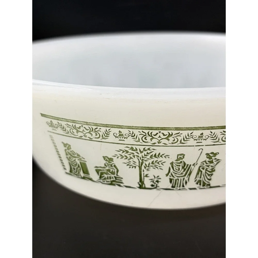 Vintage Glasbake Milk Glass With Roman Greek Green Design 2 QT Casserole‎ Dish